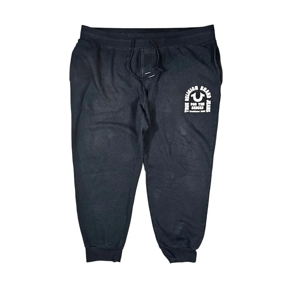 TRUE RELIGION MEN’S JOGGER SWEATPANTS – SIZE XXL – BLACK – CLASSIC LOGO PRINT